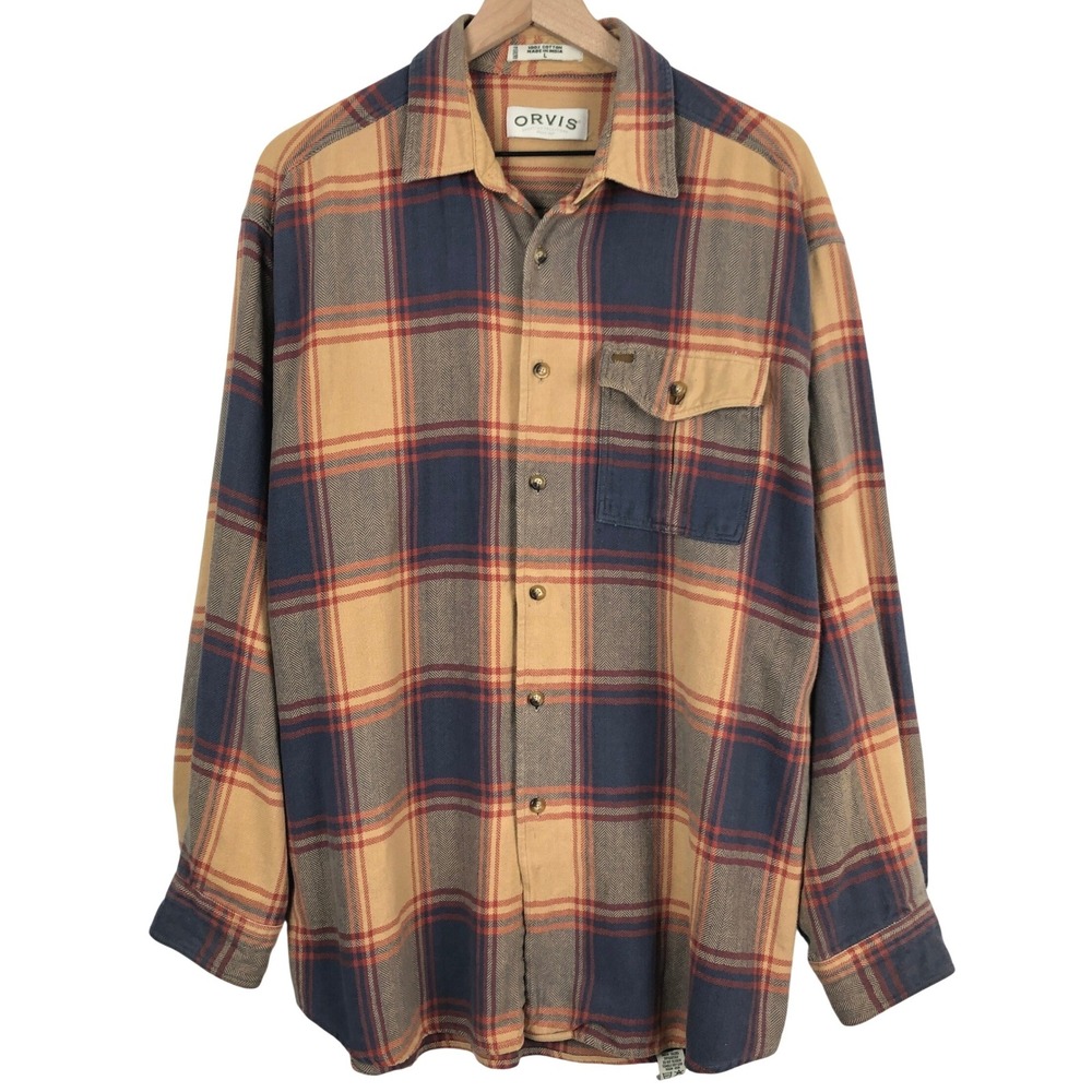 ORVIS Plaid Flannel Herringbone Heavy Cotton Shirt Men's Sz L Multicolor L/S